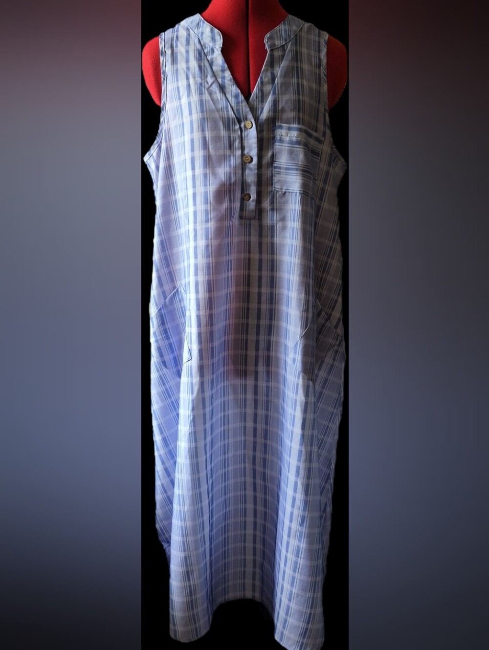 MISSLOOK Light Blue Plaid Sleeveless Midi Cotton Blend Dress